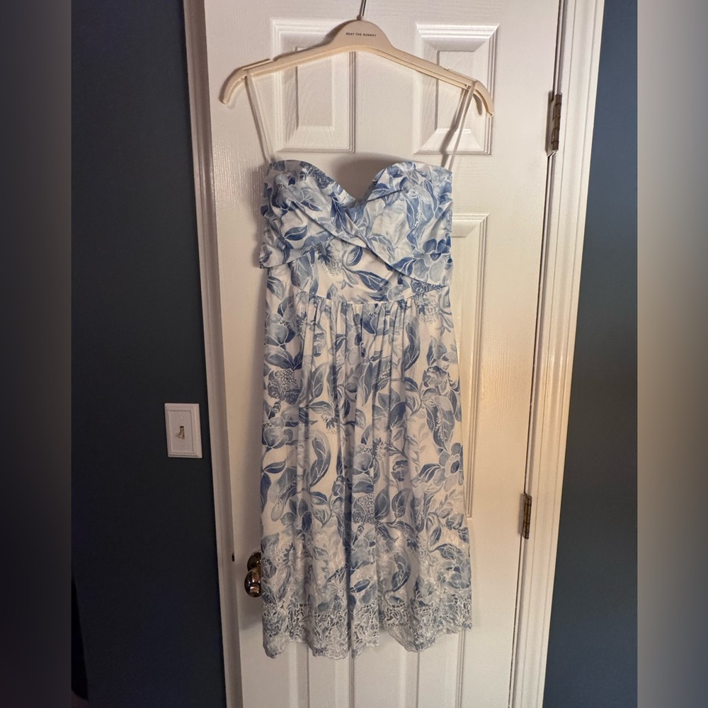 White House Black Market Strapless Blue Leaf Dress